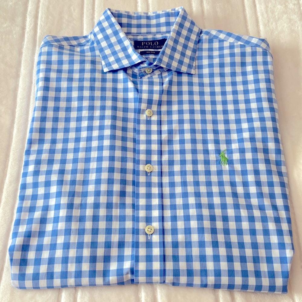 Like New Polo Ralph Lauren blue/white checkered long-sleeve button shirt, size L